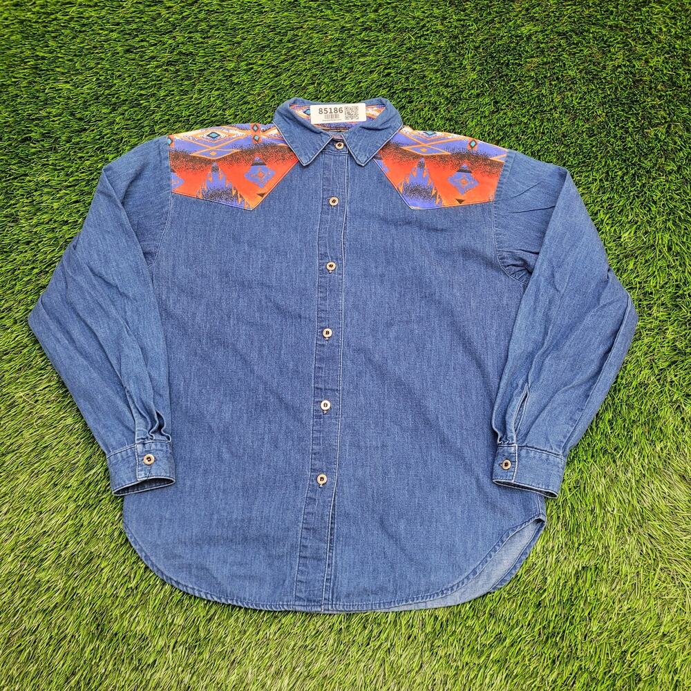 Vintage 80s Southwestern Aztec Shirt Womens L 20x24 Cowgirl USA Blue Yoke